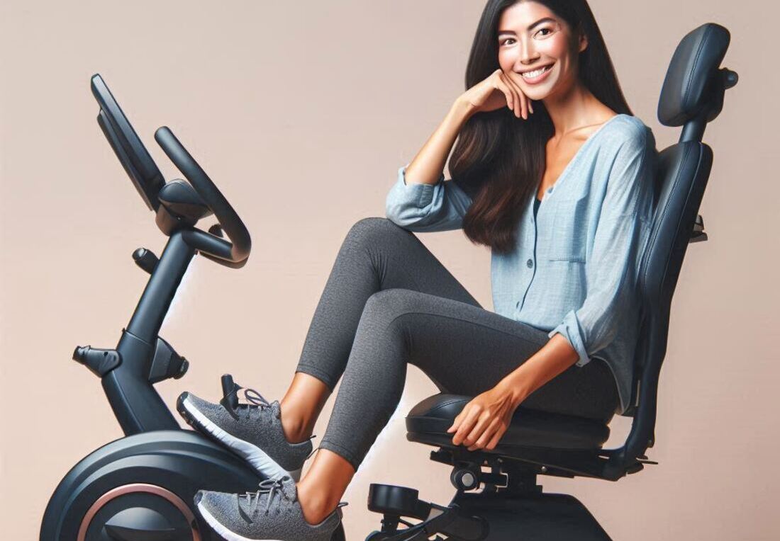 A person smiling and riding a recumbent exercise bike