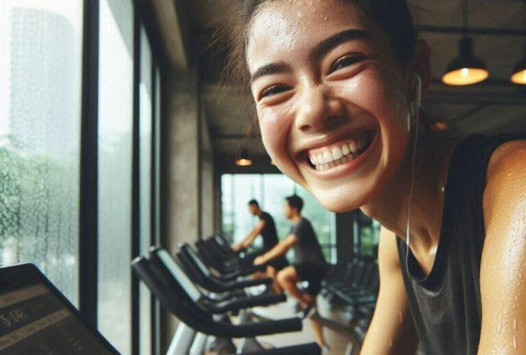 A person smiling triumphantly as they finish an exercise bike workout sweat dripping