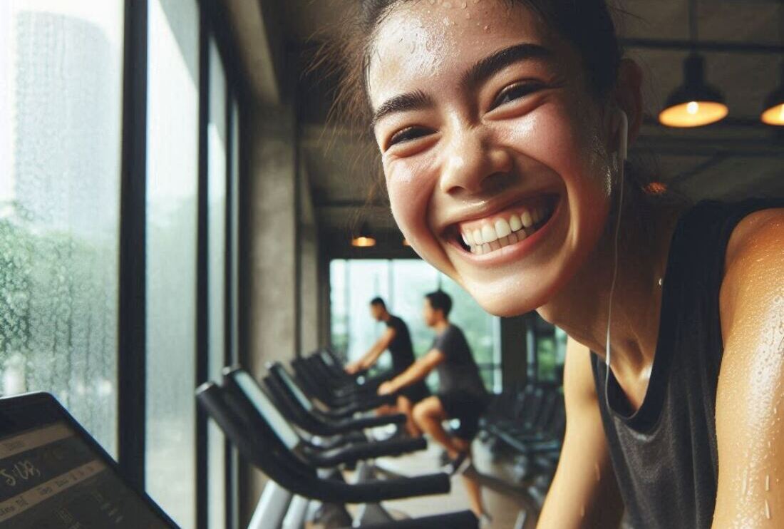 A person smiling triumphantly as they finish an exercise bike workout sweat dripping