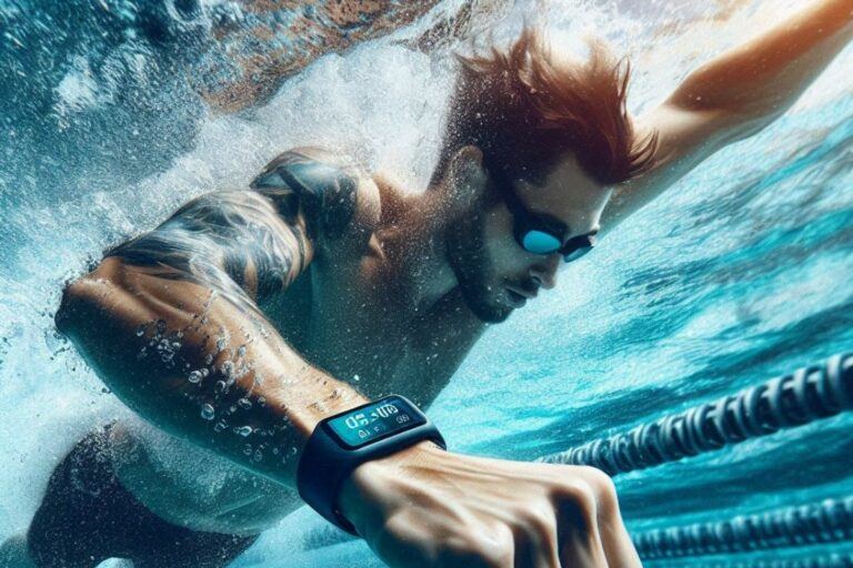 A person swimming freestyle in a pool, wearing a waterproof fitness tracker on their wrist