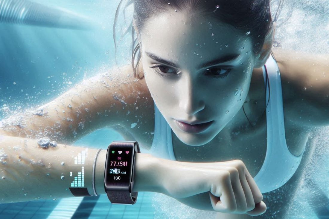 A person swimming with a determined expression, data displayed on their waterproof fitness tracker