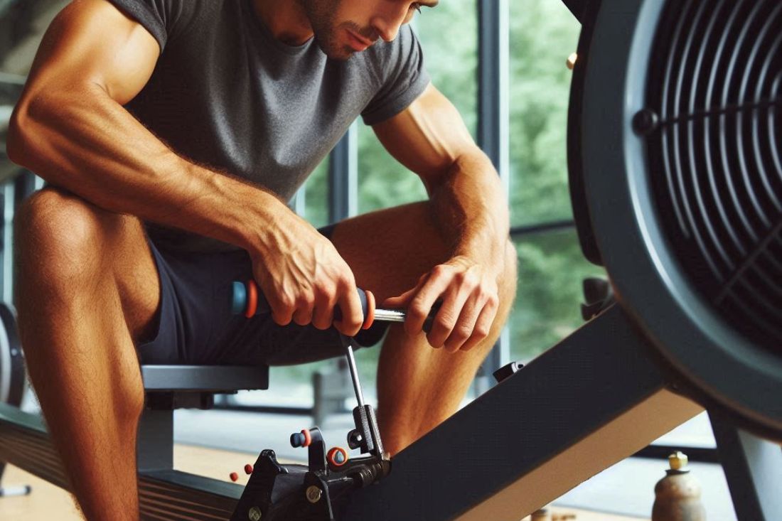 A person tightening bolts on the rowing machine