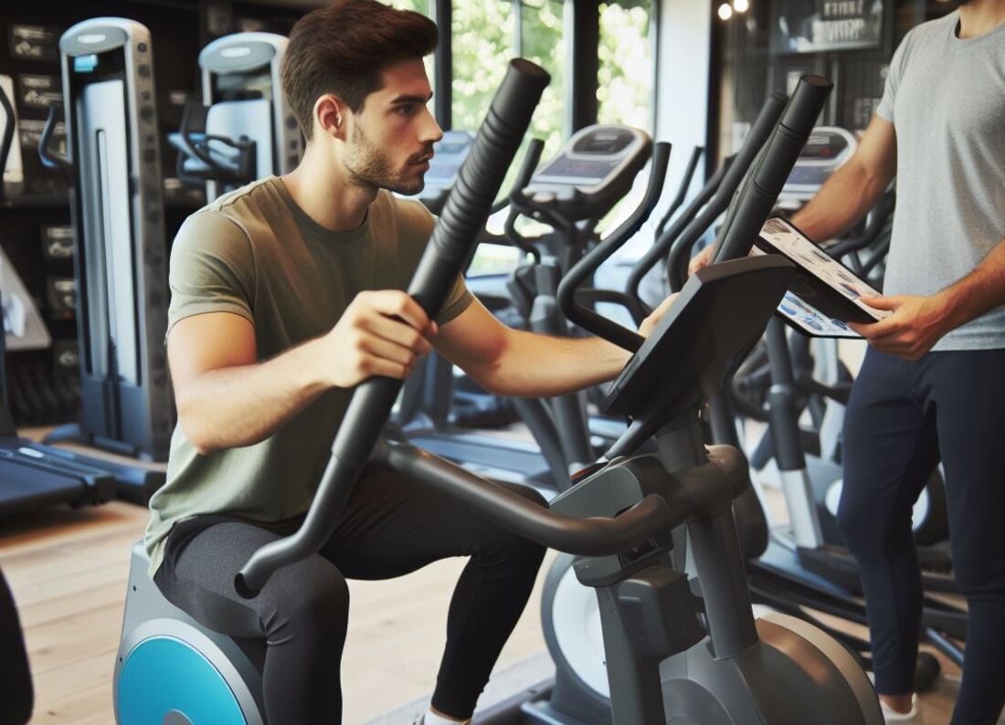 A person trying out different elliptical trainers at a fitness store, focusing on fit and comfort