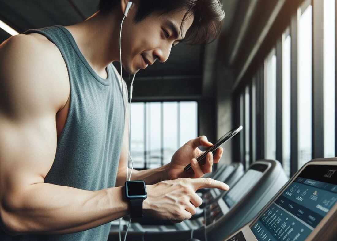 A person using a fitness app on their phone while working out on a cardio machine