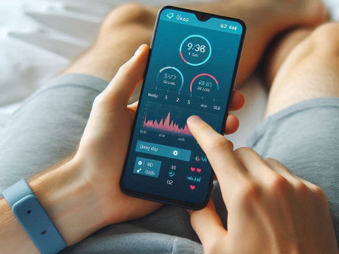 A person using a fitness tracker app to analyze sleep data on a smartphone screen