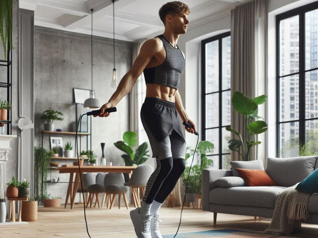 A person using a jump rope in a living room