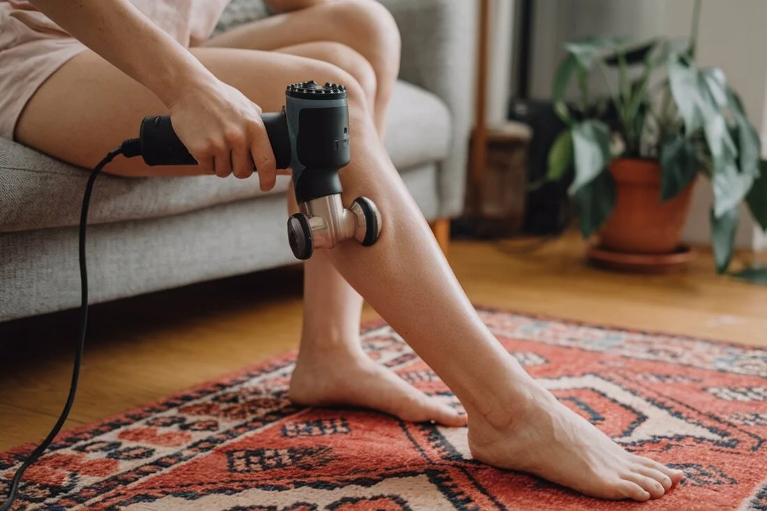 A person using a percussion massager on their leg while sitting