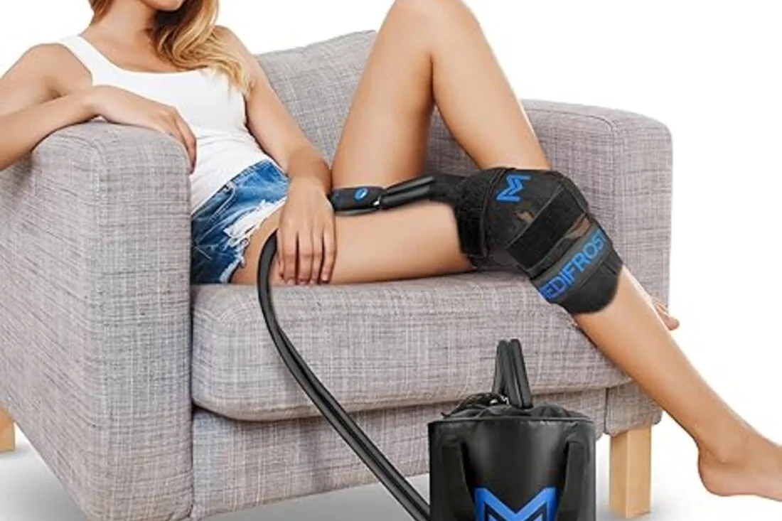 A person using a portable cryotherapy device on their leg muscles after a workout