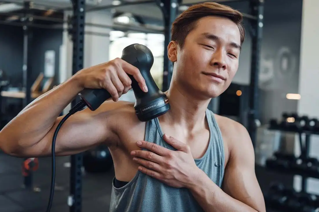 A person using a portable percussion massage gun on their shoulder with a relaxed expression