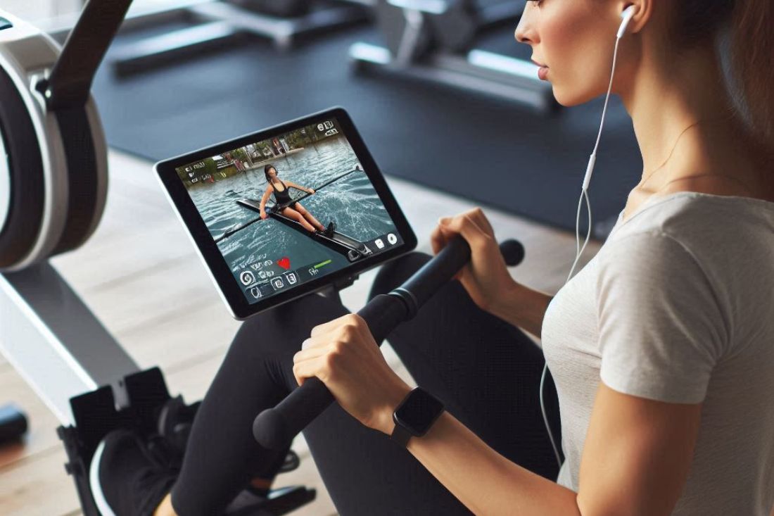 A person using a rowing machine while playing a fitness video game on a tablet