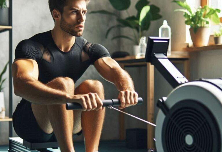 A person using a rowing machine with a determined expression