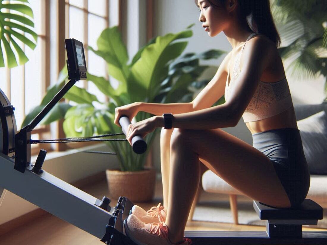 A person using a rowing machine with a modern design, emphasizing the quiet operation of the equipment