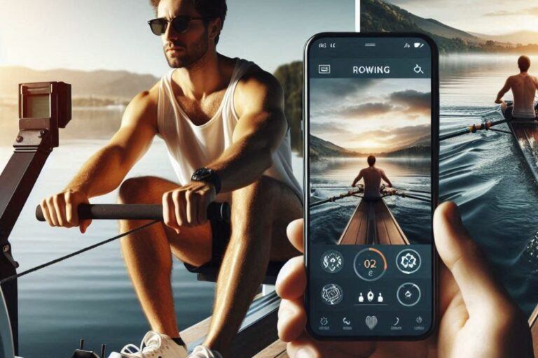 A person using a rowing machine with a smartphone displaying a fitness app on the screen