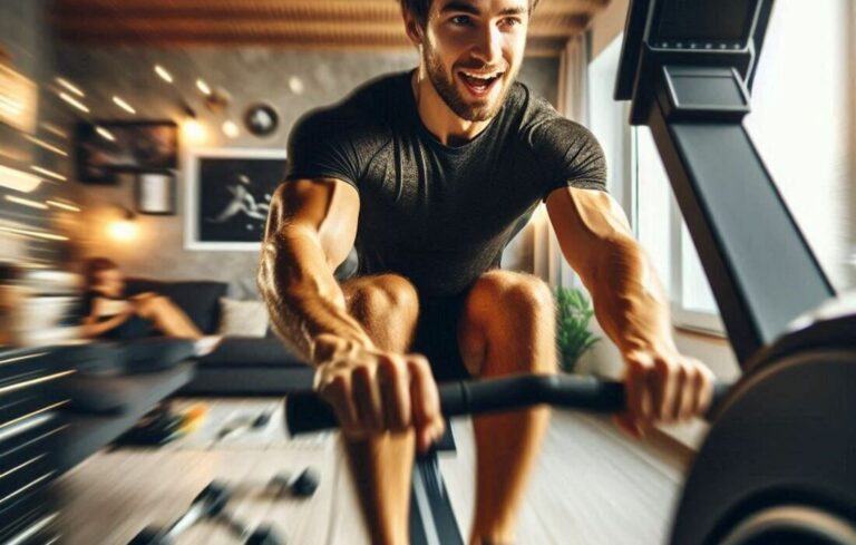 A person using a rowing machine with an energetic expression