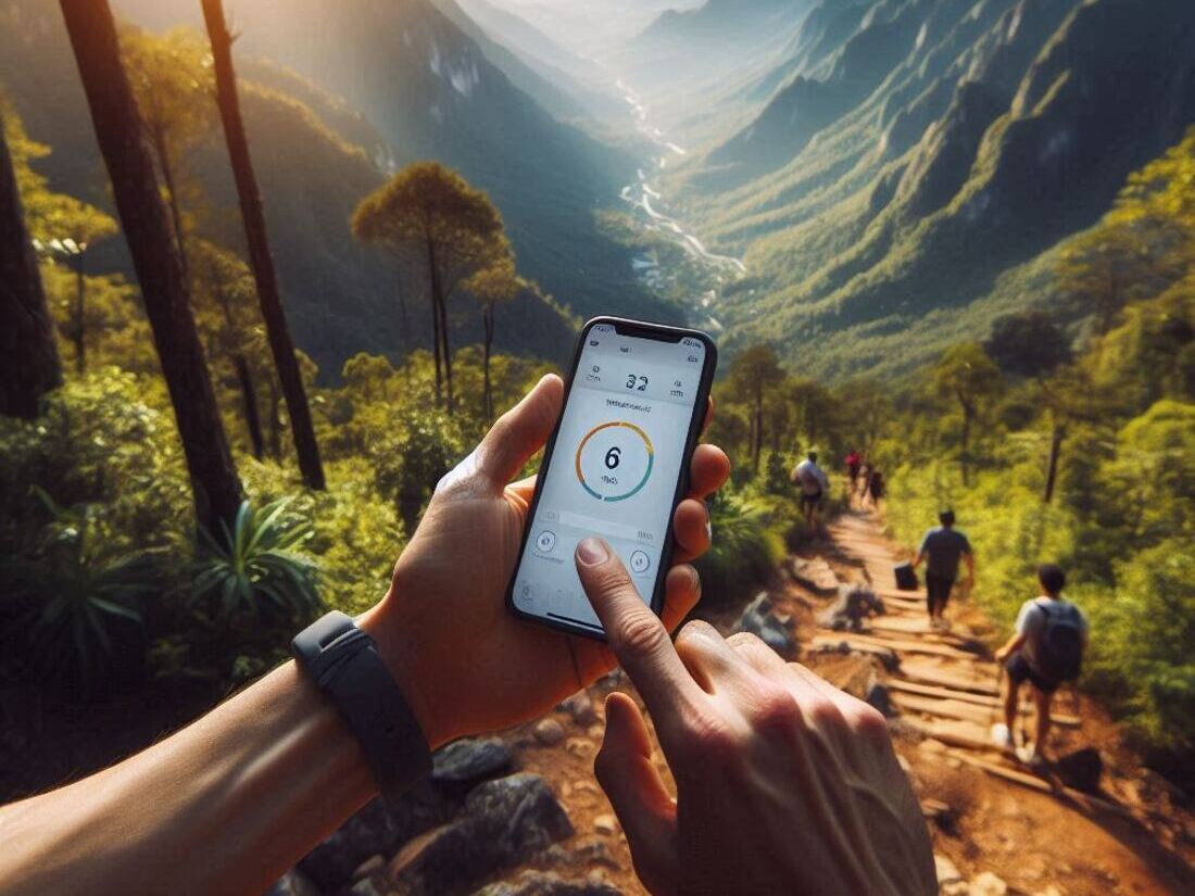 A person using a smartphone app to track their workout on a scenic mountain trail