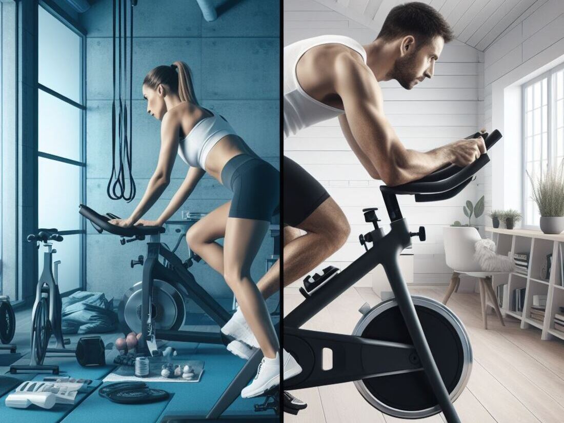 A person using a spin bike in a studio setting on one side, and someone using a spin bike in a home gym setting