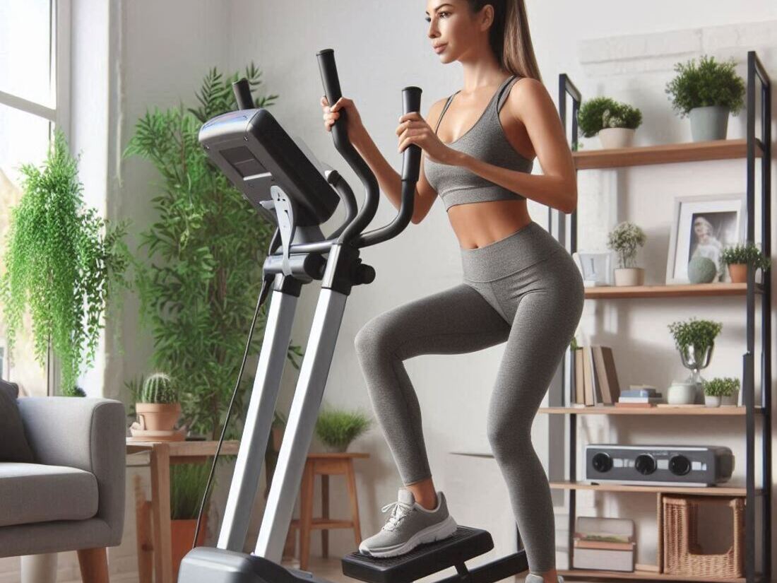 A person using a stepper machine in a compact home workout space