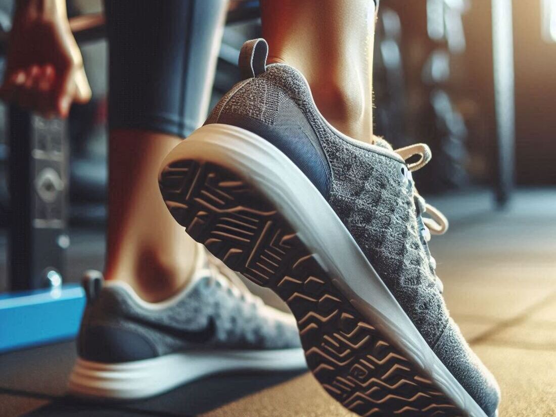 A person using a weightlifting shoe with the grooved tread pattern on the bottom of the shoe