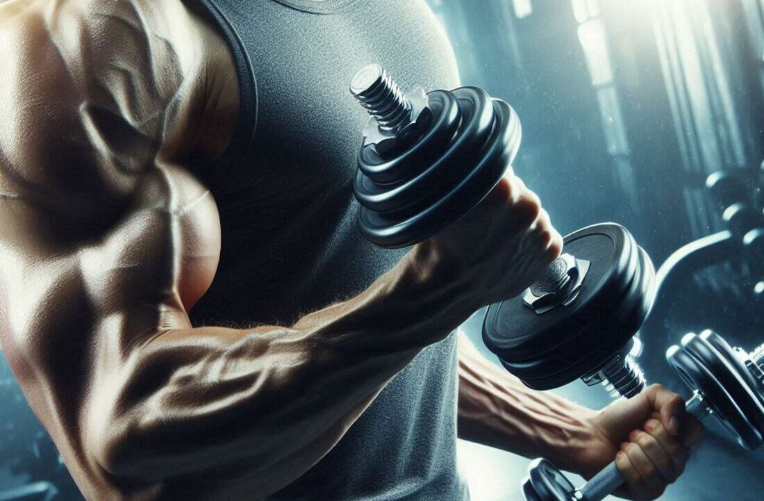 A person using adjustable dumbbells for a bicep curl exercise