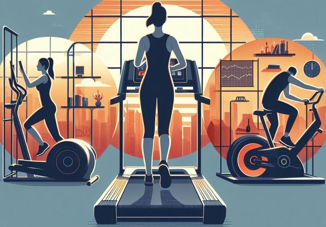 A person using an elliptical trainer, a treadmill, and a stationary bike