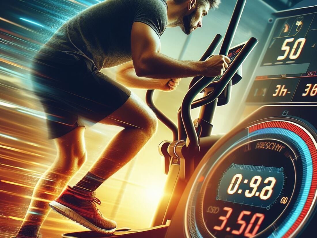 A person using an elliptical trainer at a maximum effort level and a stopwatch displays a short time remaining