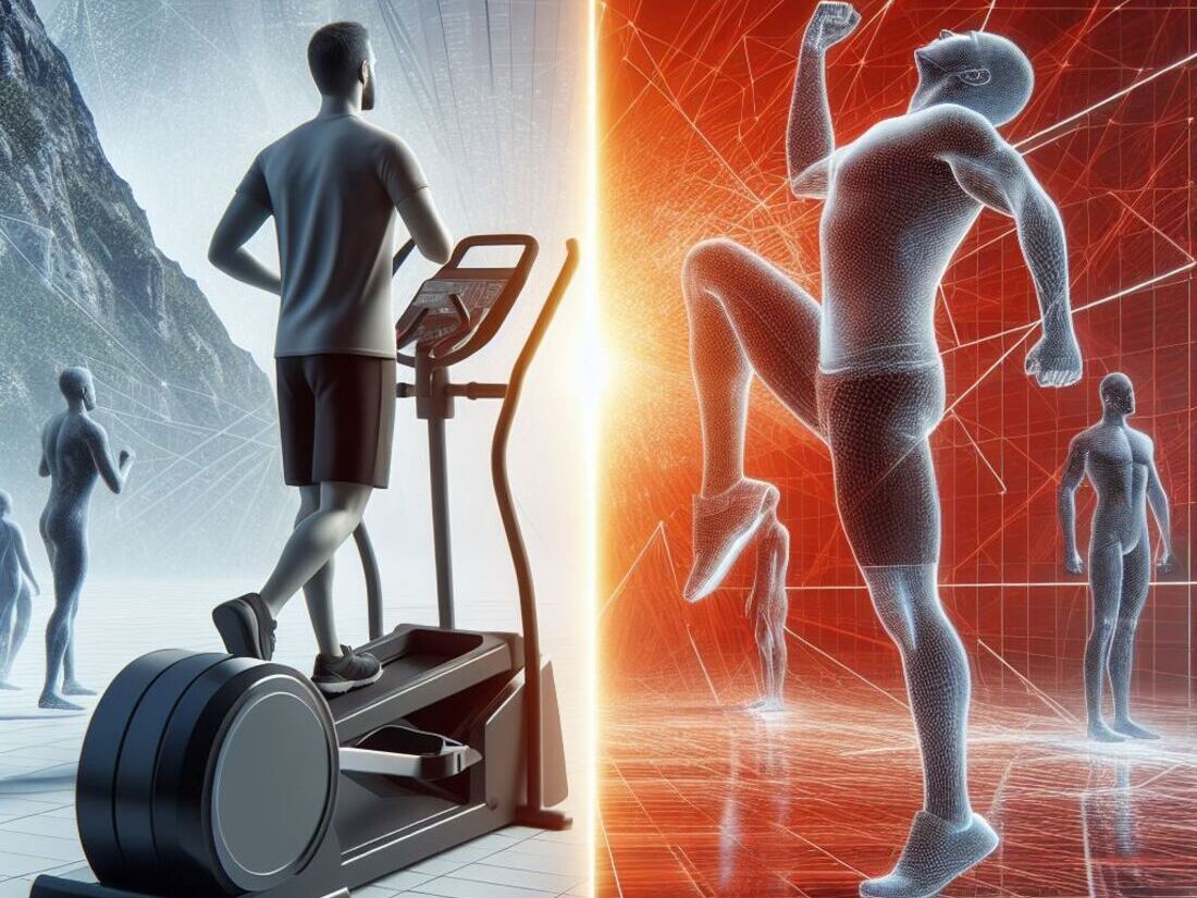 A person using an elliptical trainer the other side shows a person doing static stretches