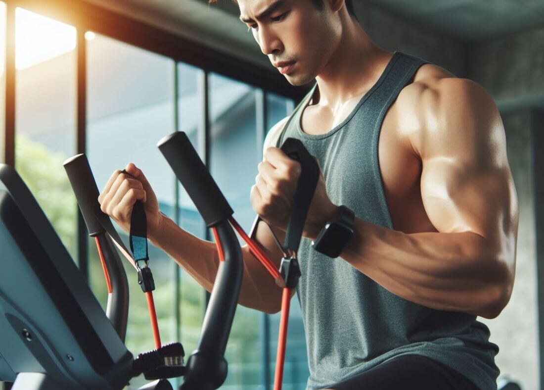 A person using an elliptical trainer while using resistance bands to perform bicep curls