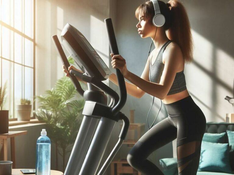 A person using an elliptical trainer with a determined expression