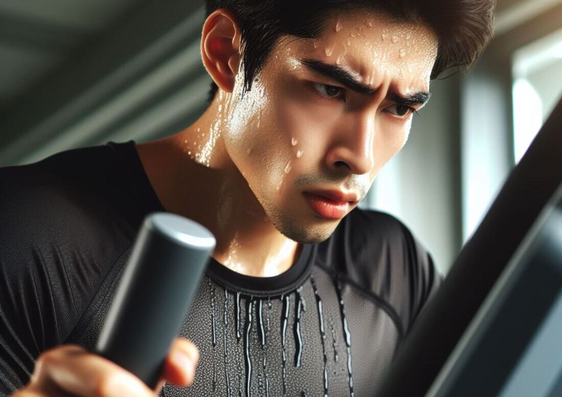 A person using an elliptical trainer with a determined expression and sweating