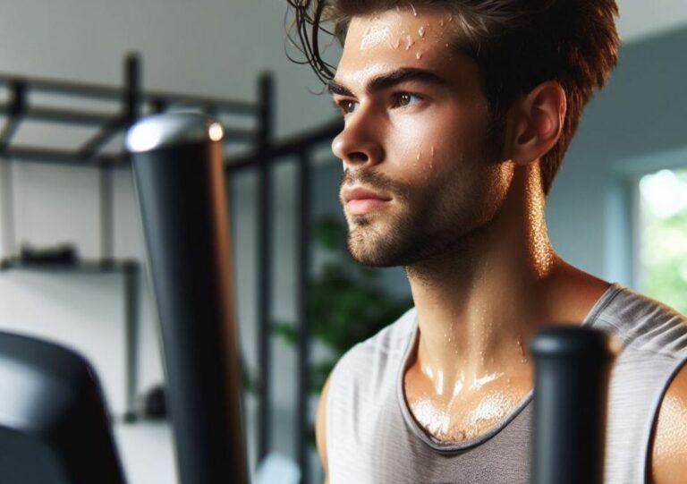 A person using an elliptical trainer with a determined expression, sweat visible on their forehead