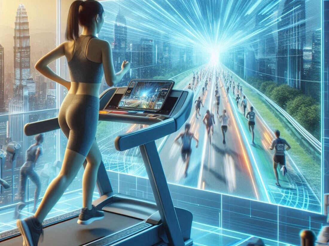 A person using an interactive treadmill with a virtual race displayed on the screen