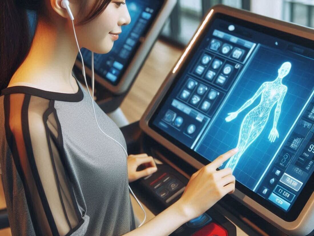 A person using an interactive treadmill with the touchscreen display highlighted