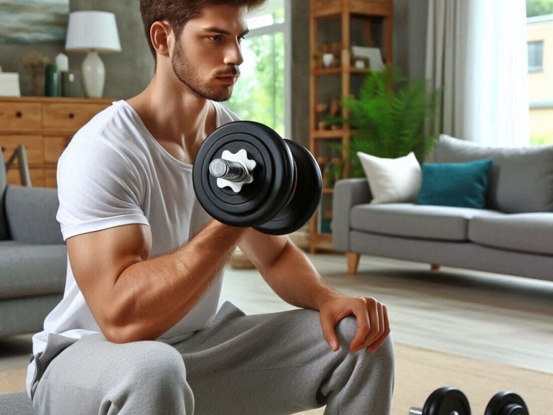 A person using dumbbells for weight training in a living room