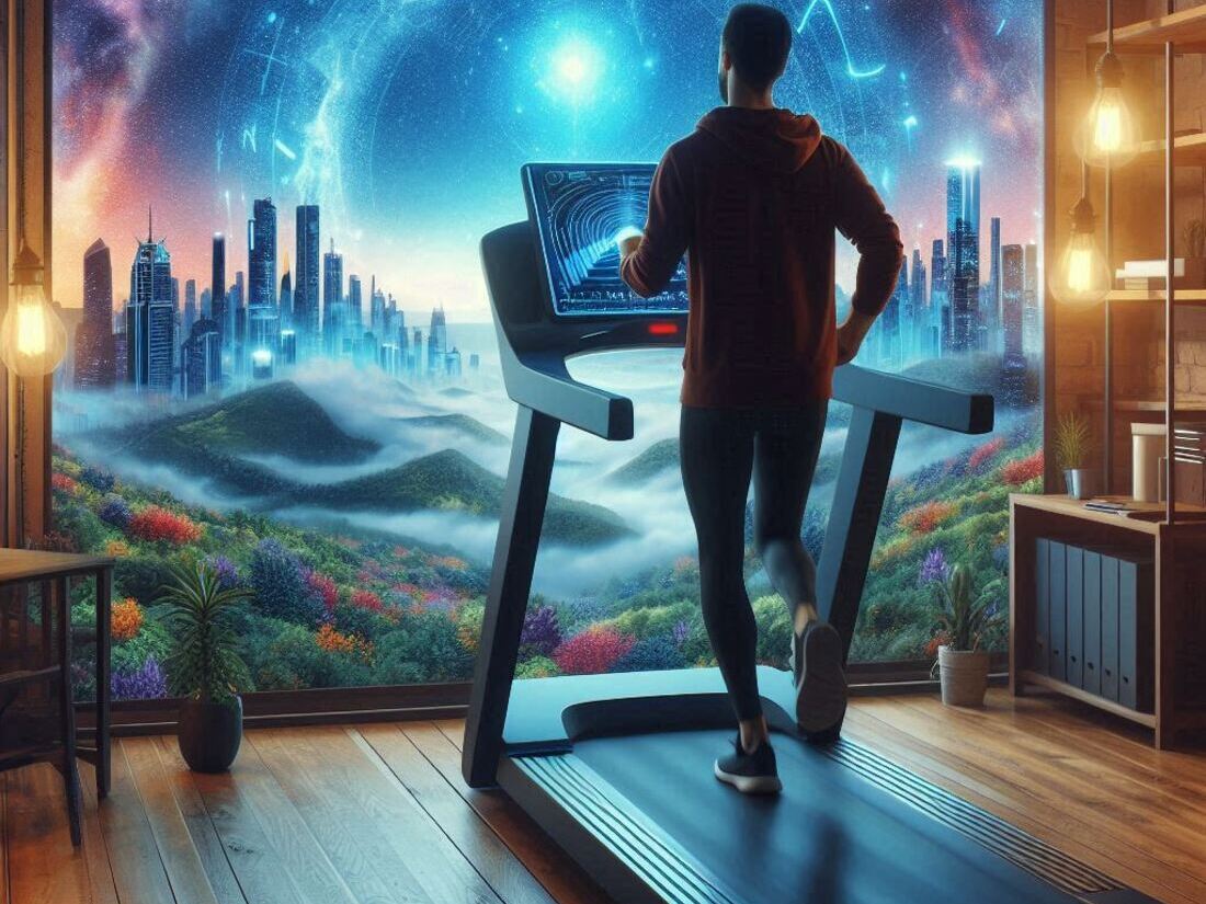 A person walking on a treadmill with a scenic virtual background on the screen