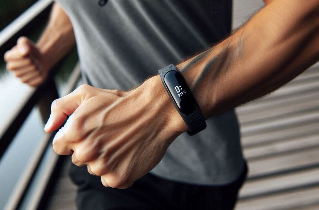 A person wearing a sleek activity tracker on their wrist while running outdoors