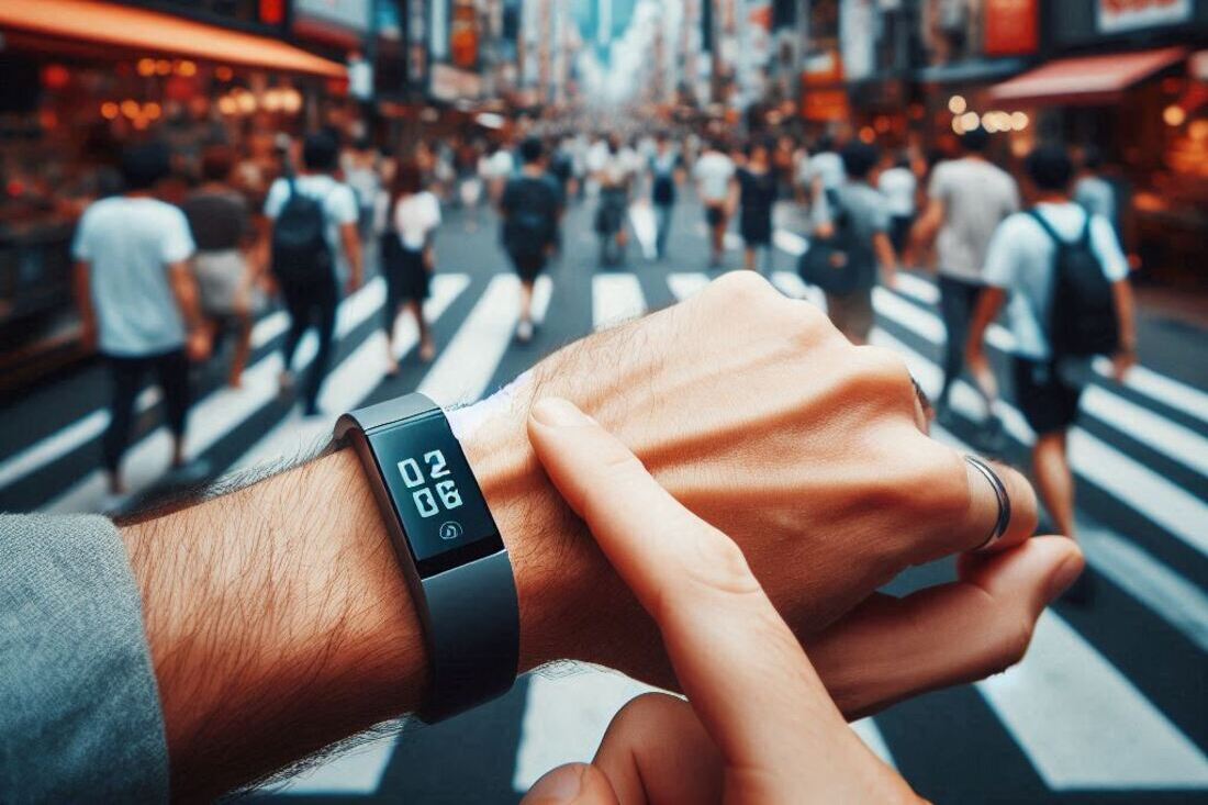 A person wearing an activity tracker while exploring a bustling city street on foot