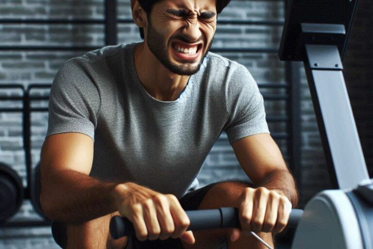 A person wincing in slight discomfort while rowing on a machine