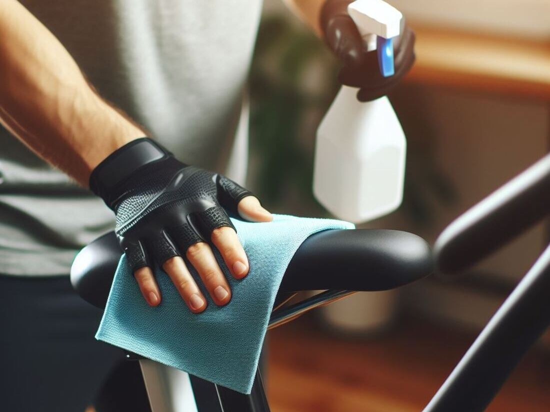 A person wiping down an exercise bike with a damp cloth, focusing on areas around the seat post and handlebars