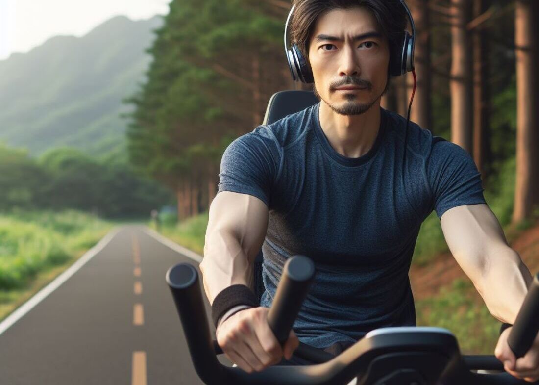 A person with a determined expression riding a gym recumbent bike on a scenic outdoor path