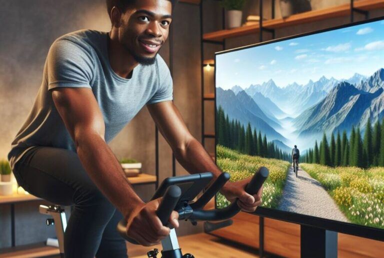 A person with a determined expression riding a stationary bike in a home gym setting, with a virtual mountain landscape displayed on a large touchscreen