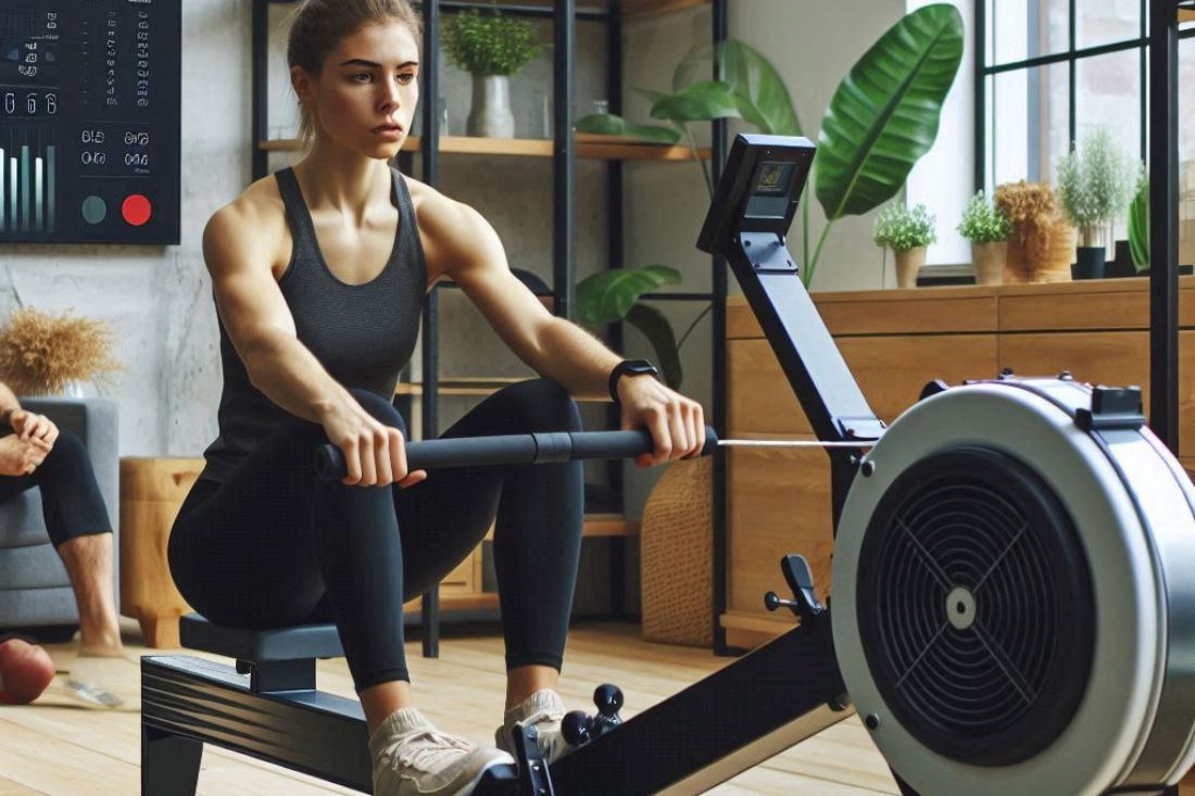 A person with a determined expression using a rowing machine using visual elements suggesting a challenge