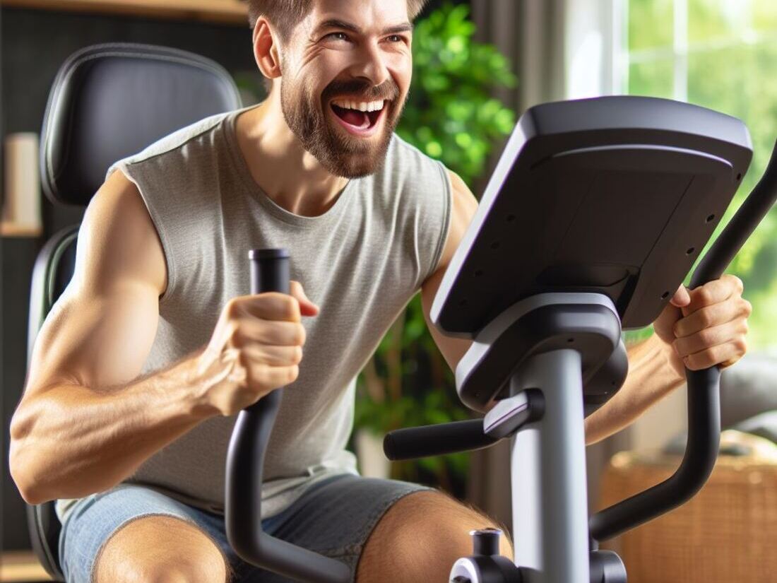 A person with a look of satisfaction while enjoying a workout on a recumbent bike