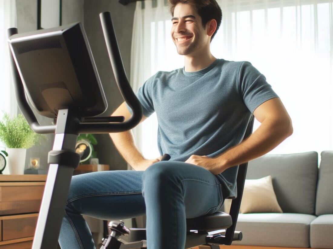 A person with a relaxed posture happily working out on a recumbent bike in a home gym setting