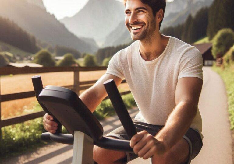 A person with a smile riding a recumbent bike on a scenic path with mountains in the background