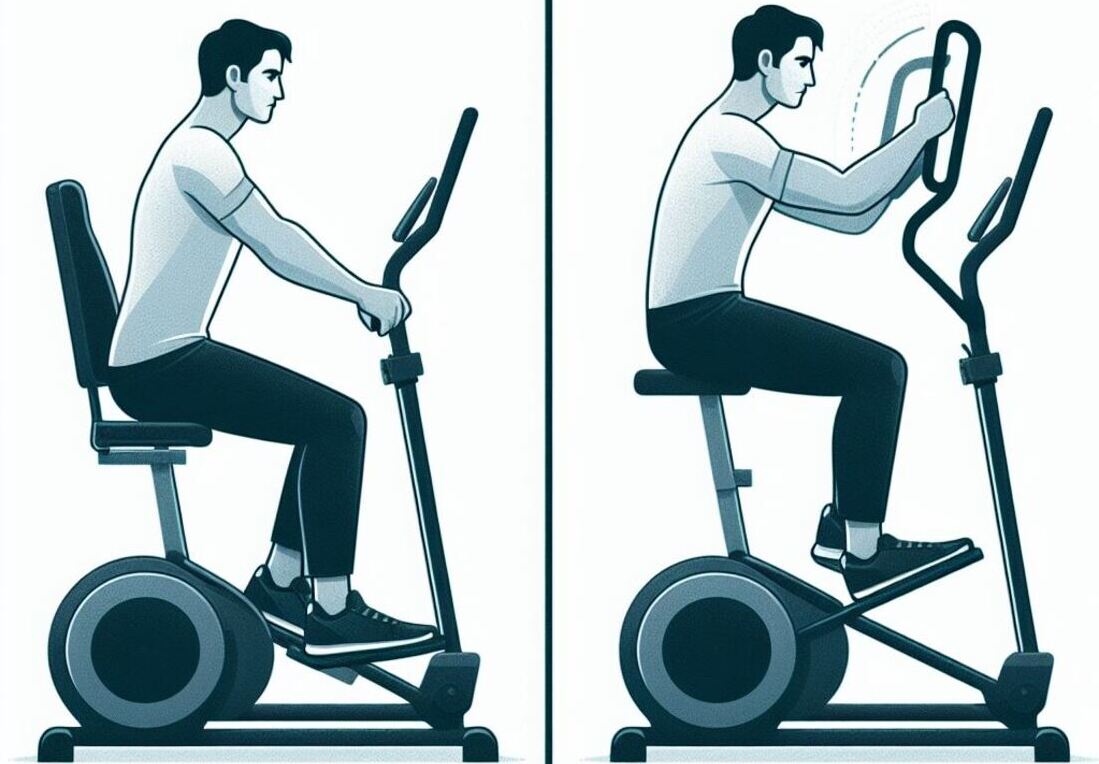 A person with proper form on an elliptical comfortable seat size supportive back posture vs someone with improper form