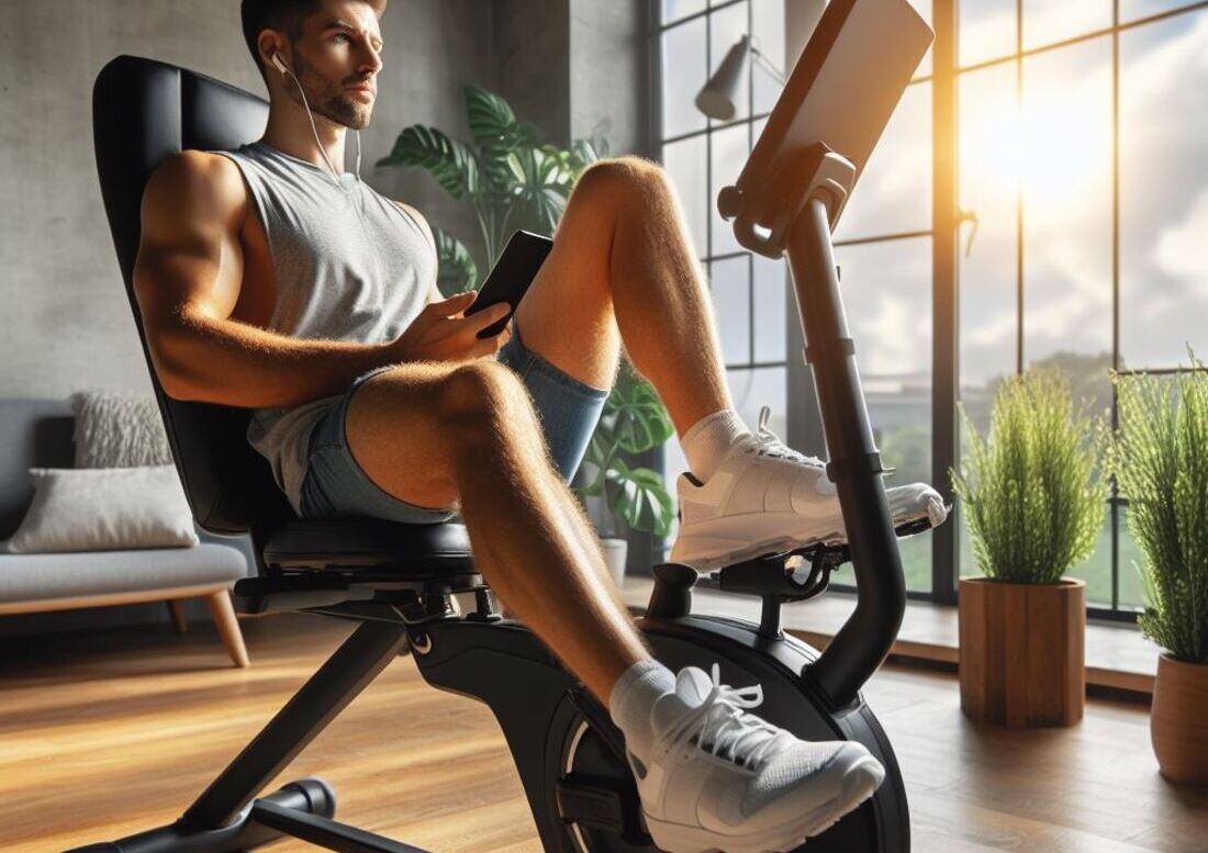 A photo of a person's legs comfortably extended while riding a recumbent exercise bike