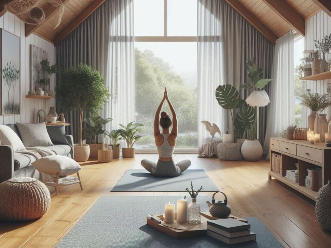 A photo showcasing a serene and well-equipped home yoga studio, with a person practicing a yoga pose