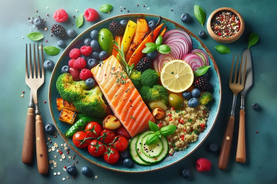 A plate of food with grilled salmon, quinoa, roasted vegetables, and a side of berries highlight recovery-boosting foods