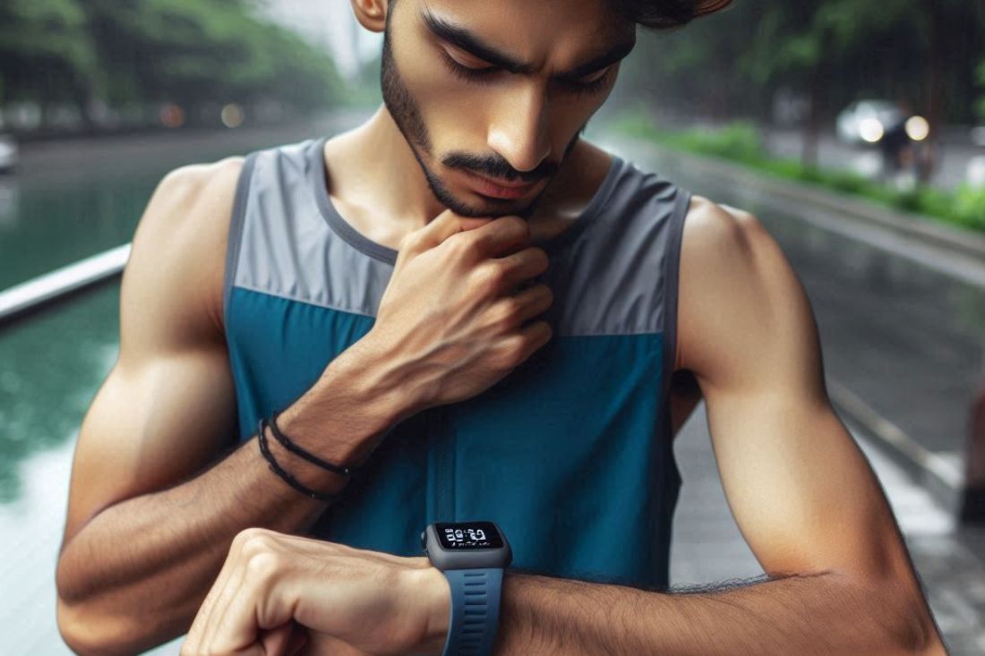 A runner wearing a waterproof fitness tracker, checking their heart rate on their wristwatch