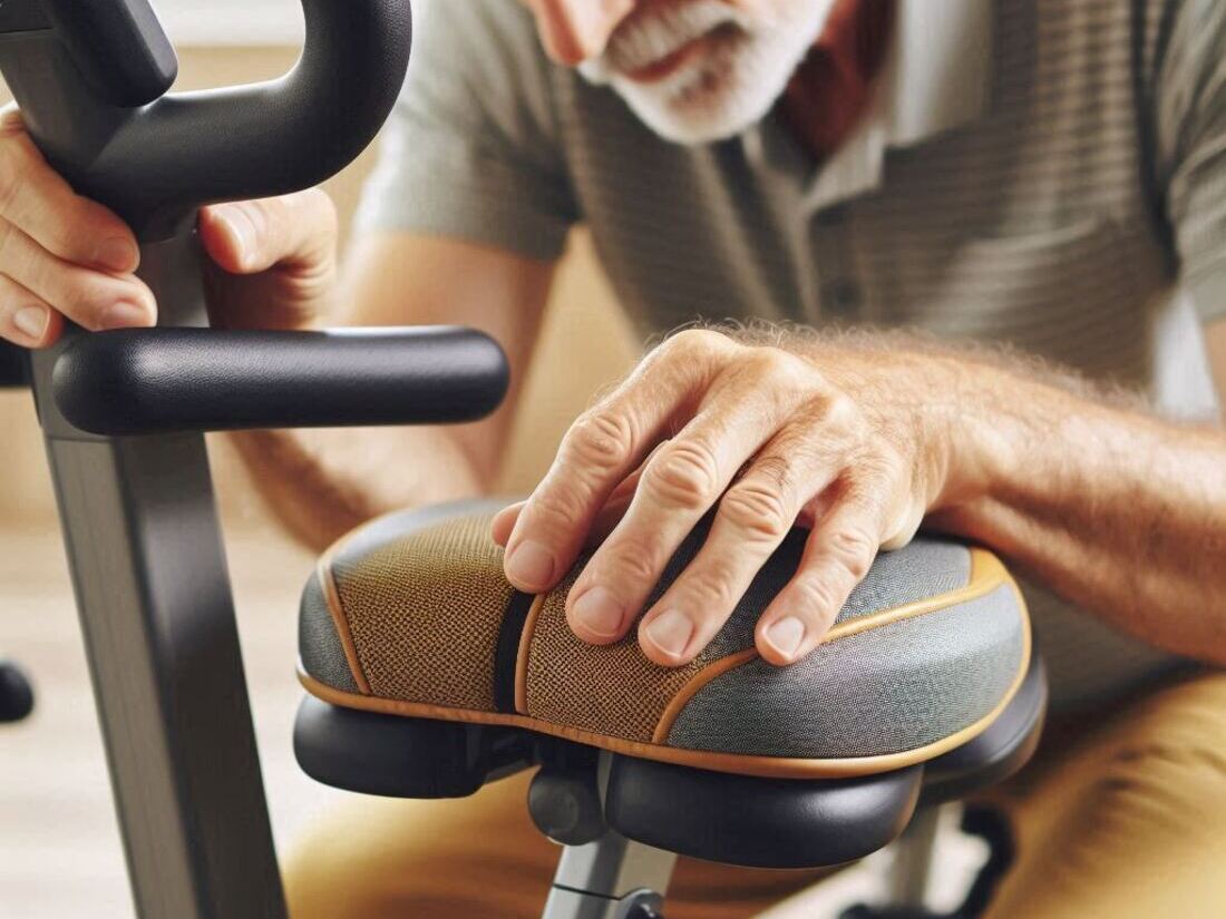 A senior adjusting the seat on an upright exercise bike